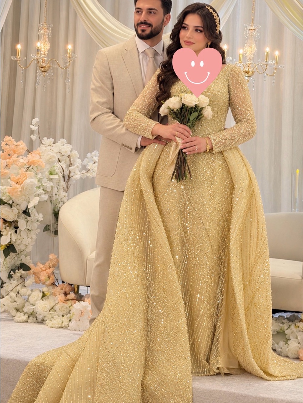 Elegant Gold Sequin Long Sleeve Bridal Gown/ Engagement with Draped Train
